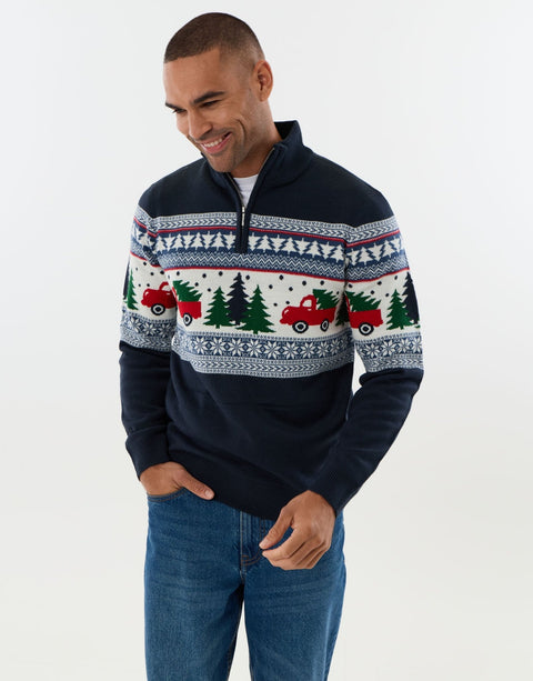 Threadbare Festive Road Trip Fairisle Quarter Zip Jumper in Navy -  front view