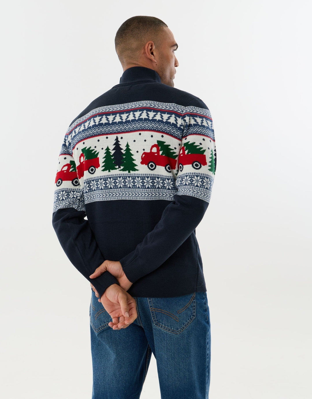 Threadbare Festive Road Trip Fairisle Quarter Zip Jumper in Navy - back view