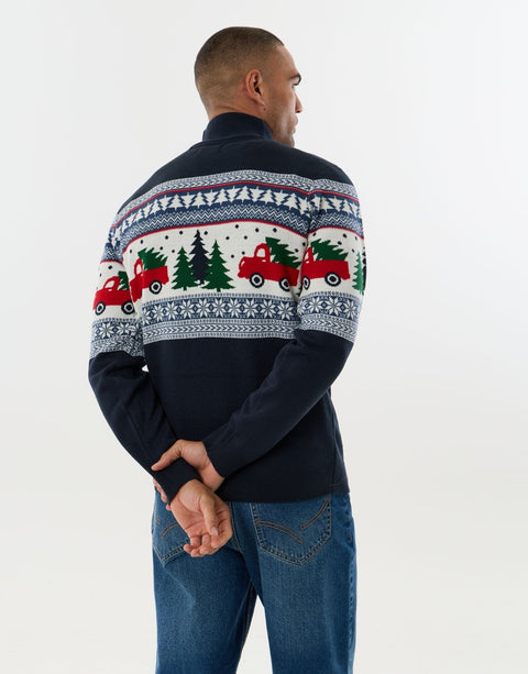 Threadbare Festive Road Trip Fairisle Quarter Zip Jumper in Navy - back view
