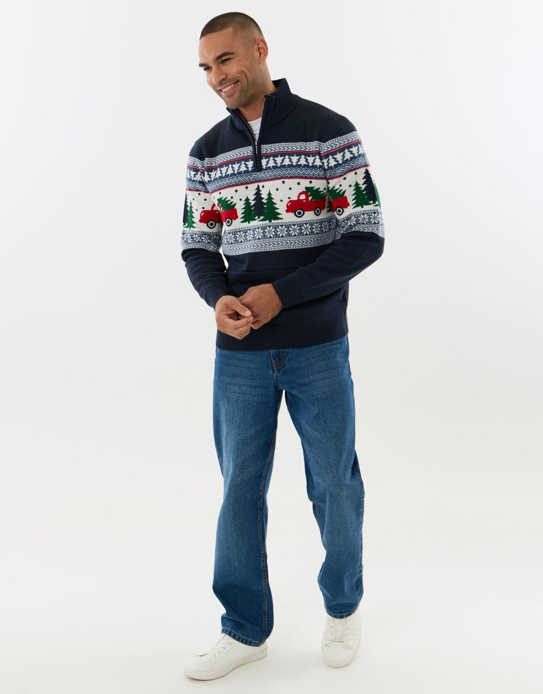 Threadbare Festive Road Trip Fairisle Quarter Zip Jumper in Navy - full view