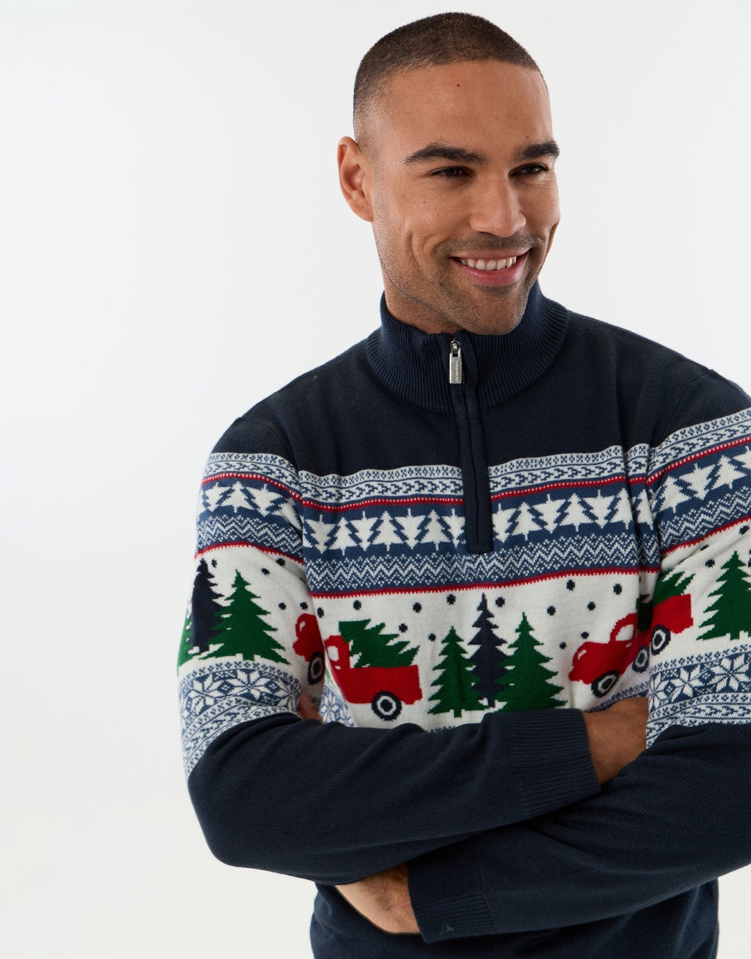 Threadbare Festive Road Trip Fairisle Quarter Zip Jumper in Navy - close up