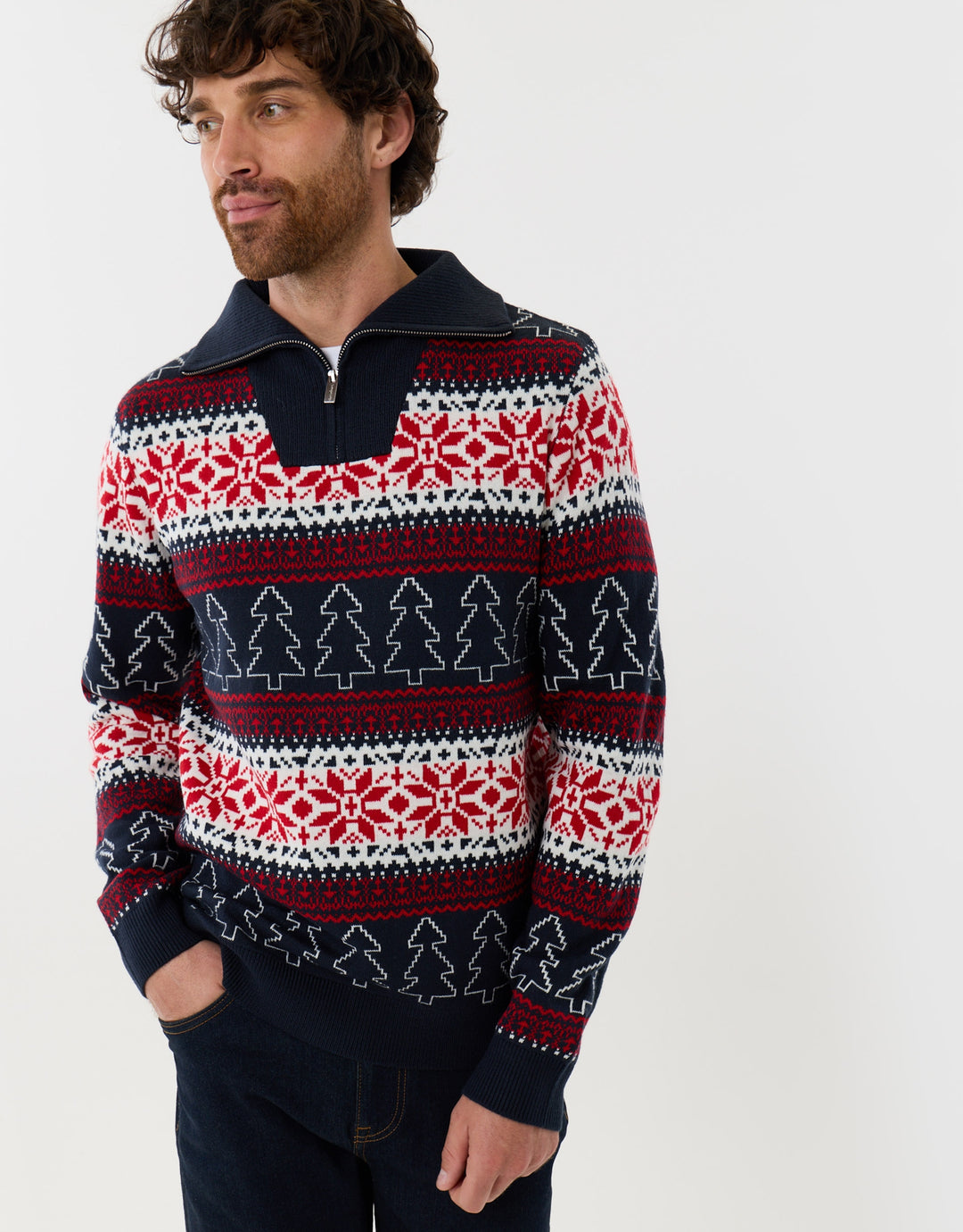 Threadbare Festive Fairisle Quarter Zip Christmas Jumper in Navy Fairisle - front view