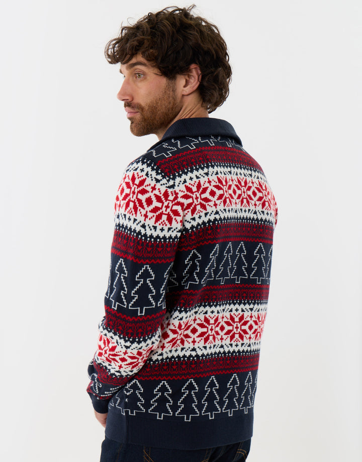 Threadbare Festive Fairisle Quarter Zip Christmas Jumper in Navy Fairisle - back view