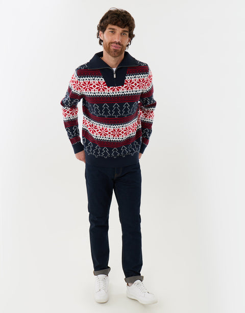 Threadbare Festive Fairisle Quarter Zip Christmas Jumper in Navy Fairisle - full view