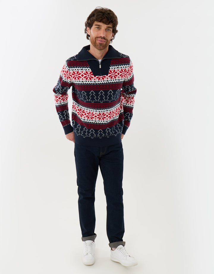 Threadbare Festive Fairisle Quarter Zip Christmas Jumper in Navy Fairisle - full view