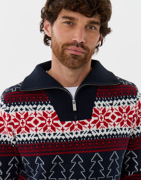 Threadbare Festive Fairisle Quarter Zip Christmas Jumper in Navy Fairisle - close up