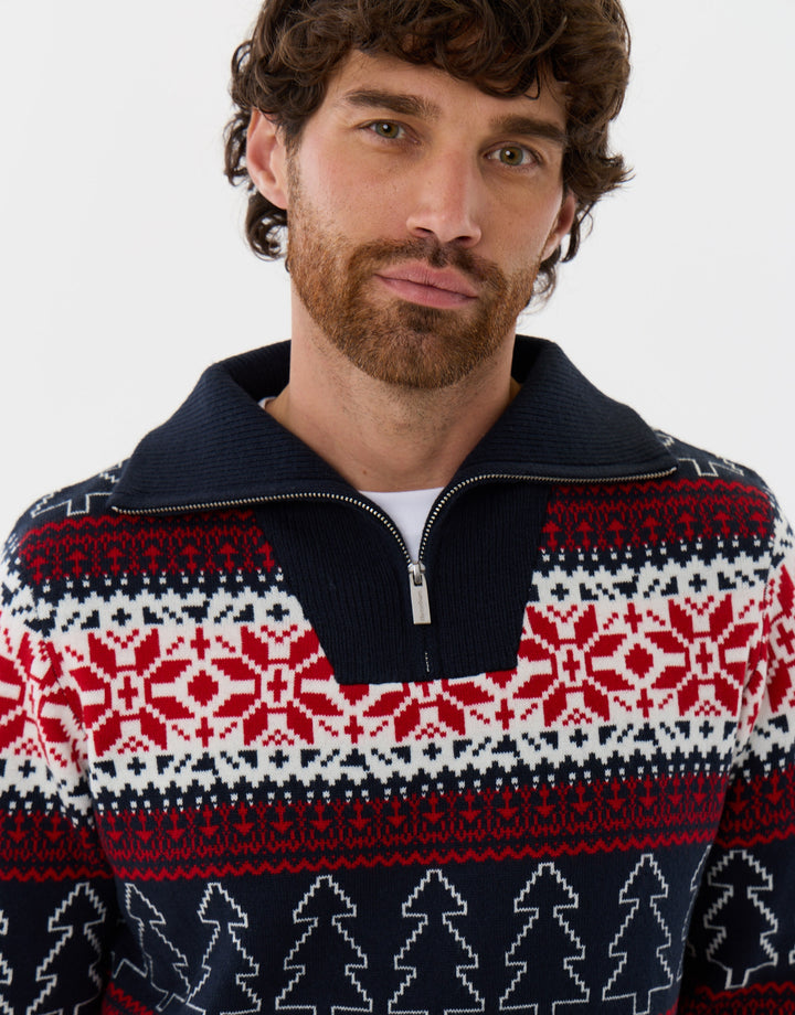 Threadbare Festive Fairisle Quarter Zip Christmas Jumper in Navy Fairisle - close up