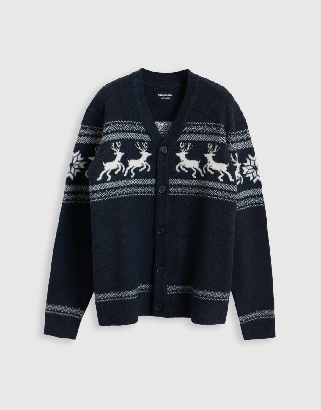 Reindeer Fairisle V Neck Christmas Cardigan in Navy