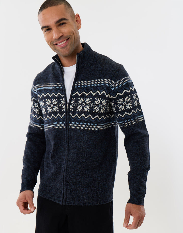 Fairisle Zip Through Christmas Cardigan in Navy