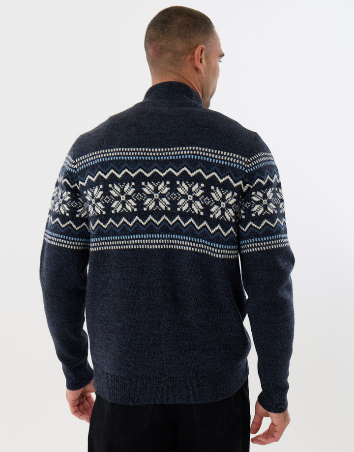 Fairisle Zip Through Christmas Cardigan in Navy
