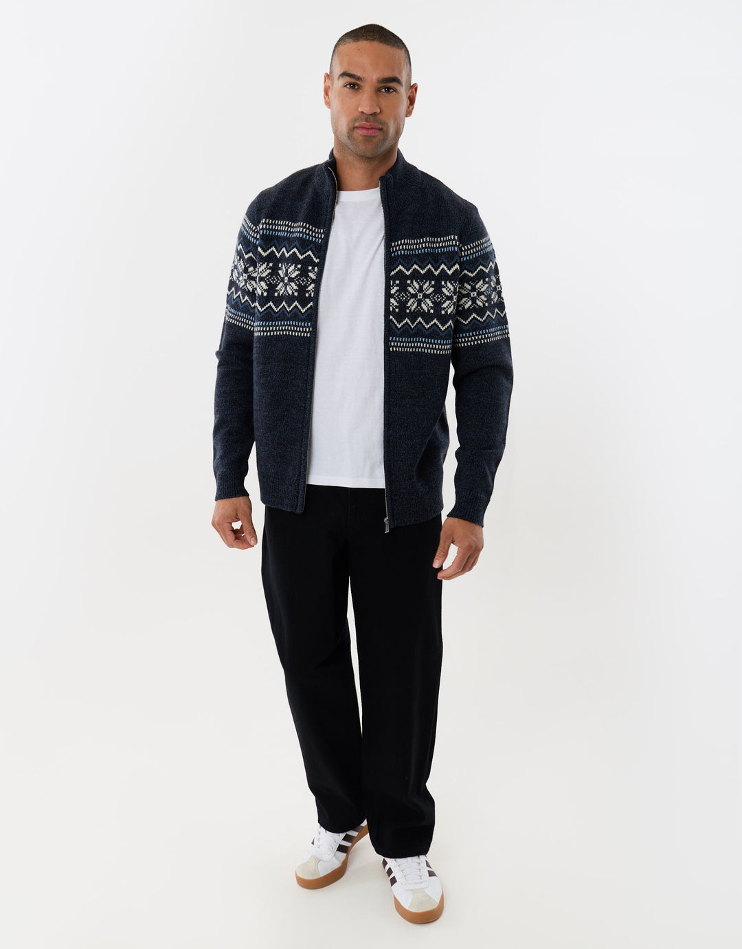 Fairisle Zip Through Christmas Cardigan in Navy