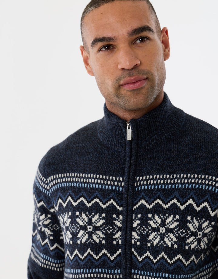 Fairisle Zip Through Christmas Cardigan in Navy