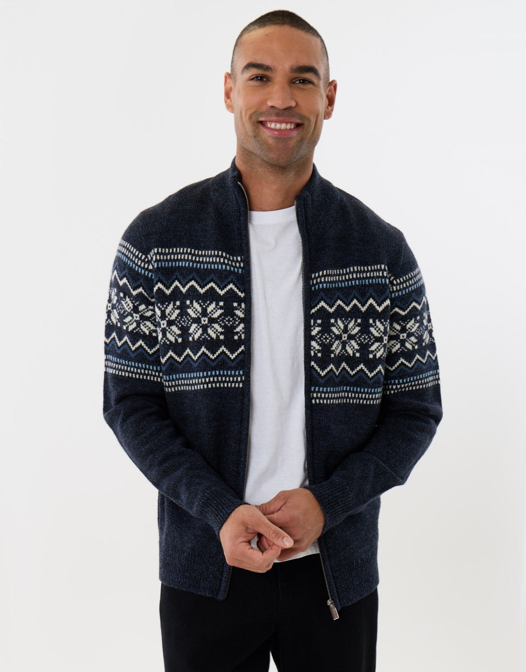 Fairisle Zip Through Christmas Cardigan in Navy