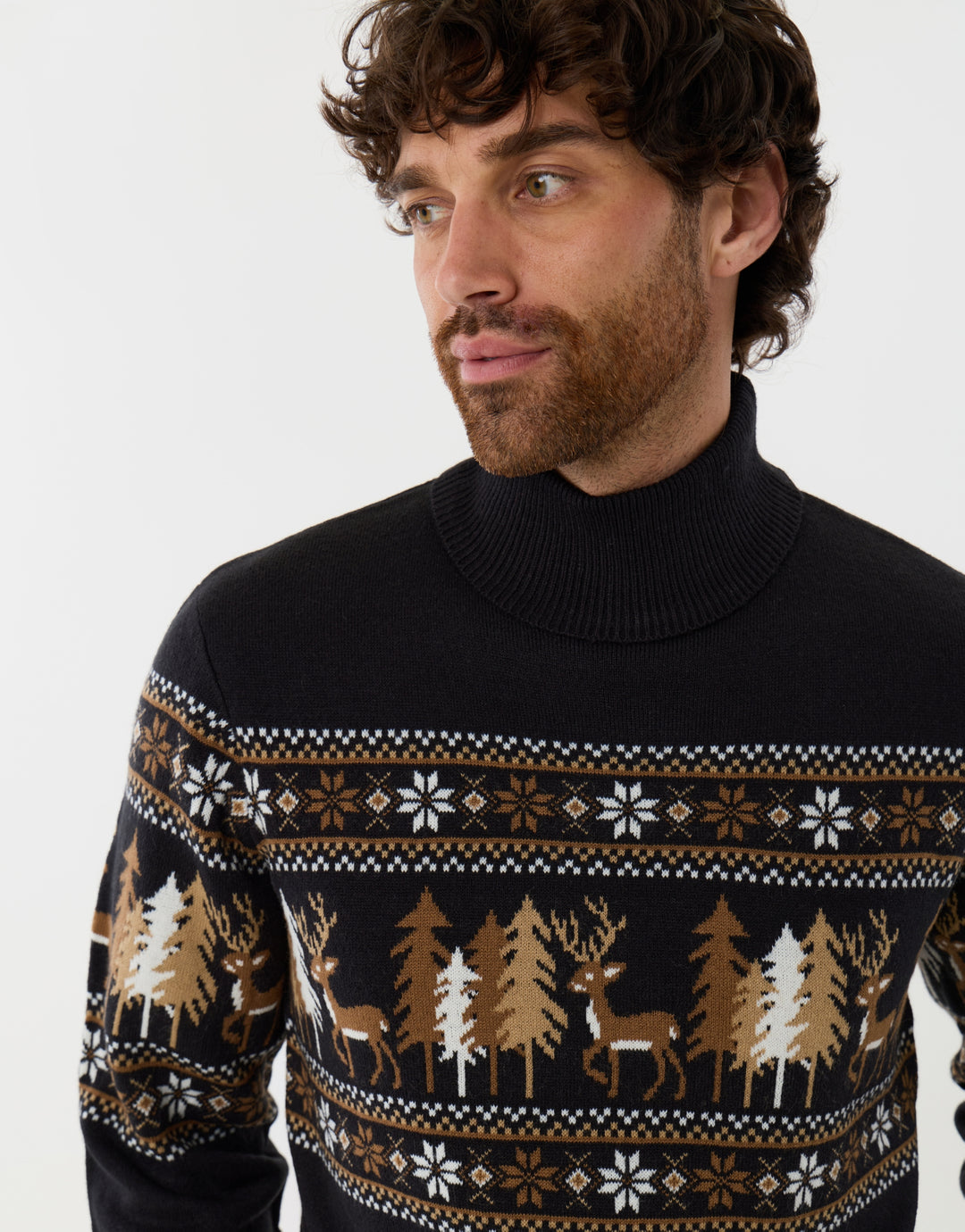 Threadbare Reindeer Forest Fairisle Roll Neck Christmas Jumper in Black - front close up