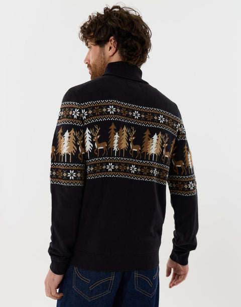 Threadbare Reindeer Forest Fairisle Roll Neck Christmas Jumper in Black - back view