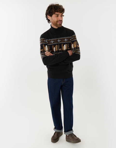 Threadbare Reindeer Forest Fairisle Roll Neck Christmas Jumper in Black - full view