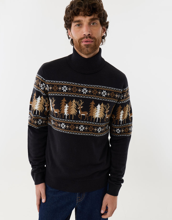 Threadbare Reindeer Forest Fairisle Roll Neck Christmas Jumper in Black - front view