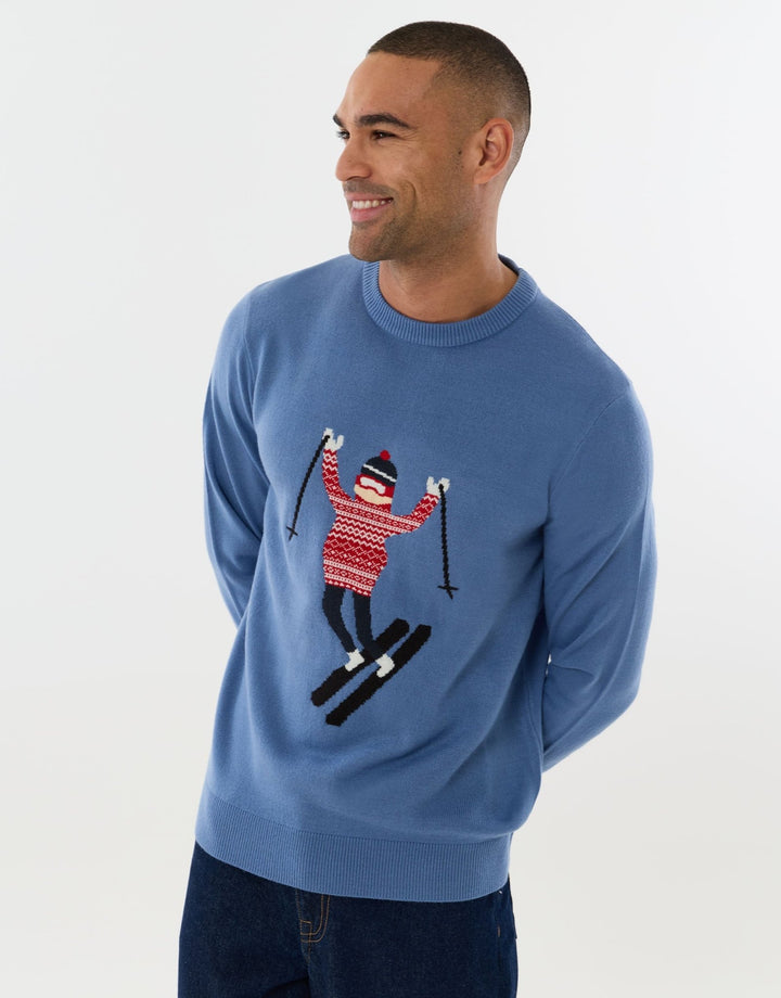Threadbare Knitted Skier Crew Neck Christmas Jumper in Blue - front view