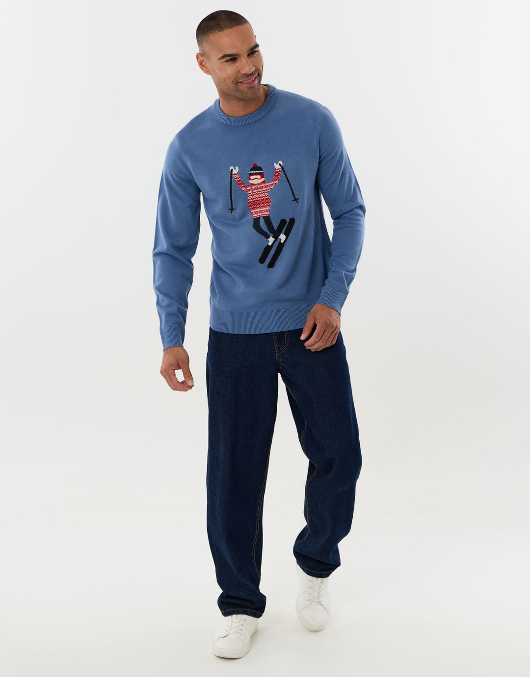 Threadbare Knitted Skier Crew Neck Christmas Jumper in Blue -  full view