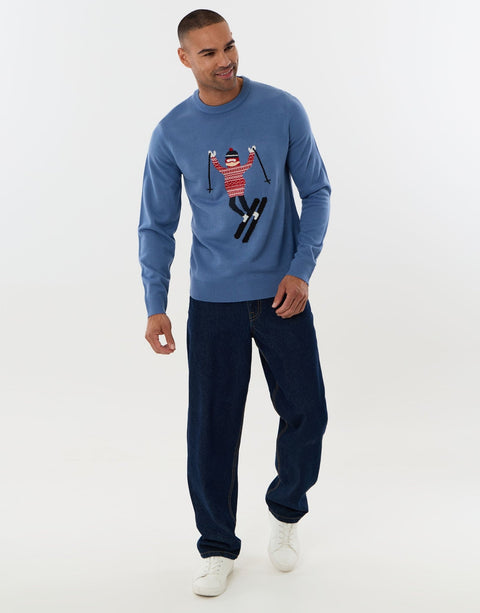 Threadbare Knitted Skier Crew Neck Christmas Jumper in Blue -  full view