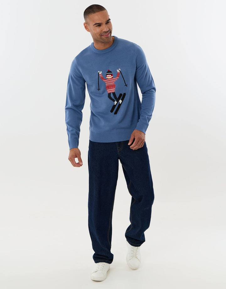 Threadbare Knitted Skier Crew Neck Christmas Jumper in Blue -  full view
