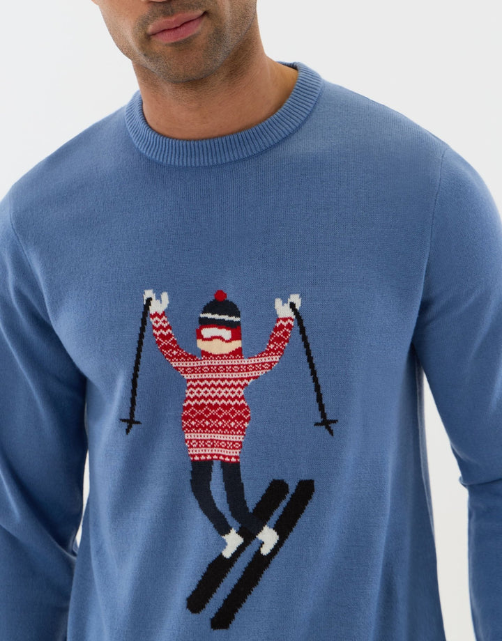 Threadbare Knitted Skier Crew Neck Christmas Jumper in Blue - close up