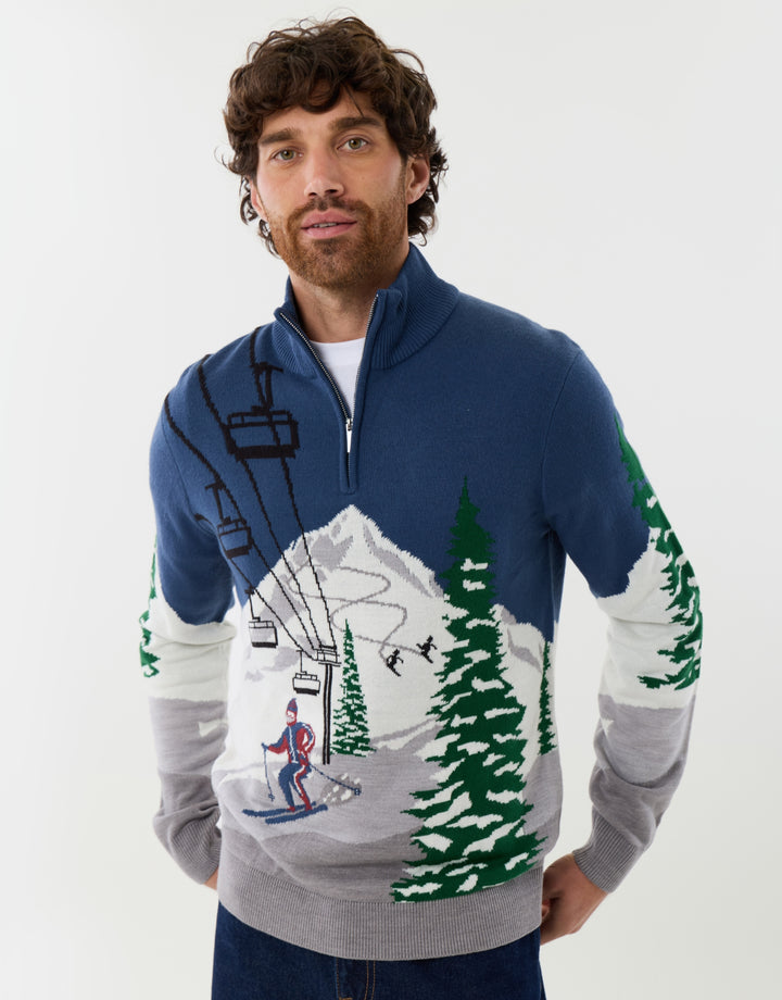 Threadbare Ski Scene Knitted Quarter Zip Jumper in Multi - front view