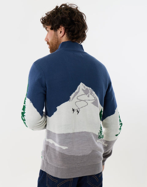 Threadbare Ski Scene Knitted Quarter Zip Jumper in Multi - back view