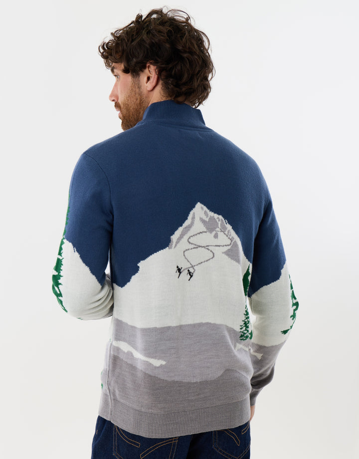 Threadbare Ski Scene Knitted Quarter Zip Jumper in Multi - back view