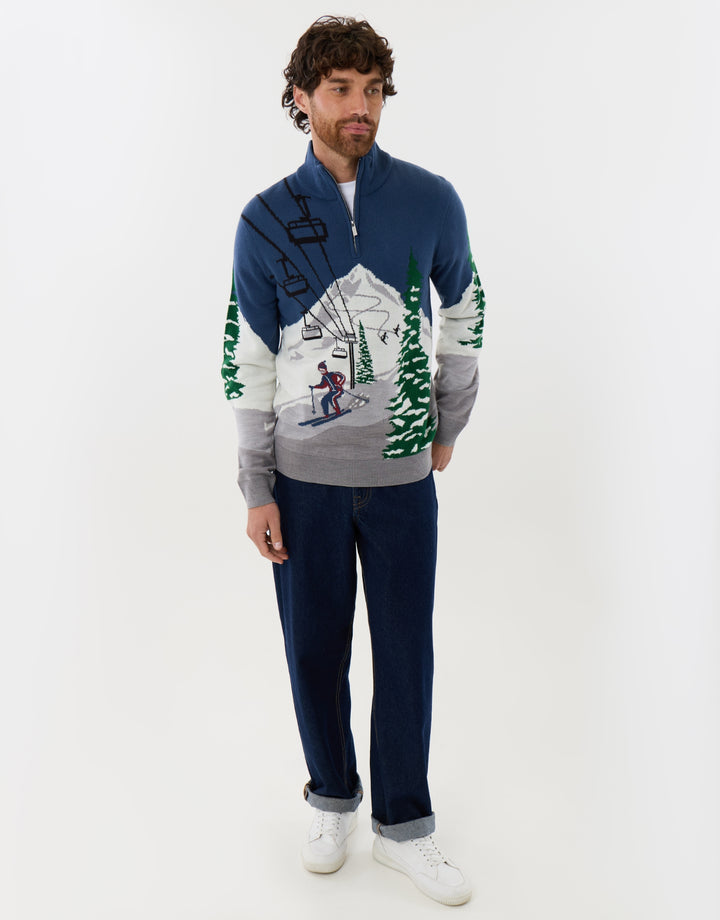 Threadbare Ski Scene Knitted Quarter Zip Jumper in Multi - full view