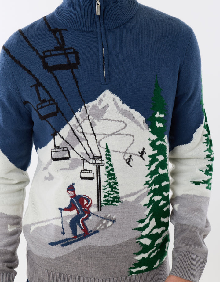 Threadbare Ski Scene Knitted Quarter Zip Jumper in Multi - close up