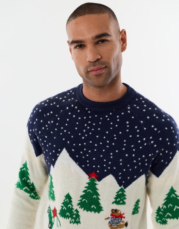 Winter Scene Knitted Christmas Jumper in Beige