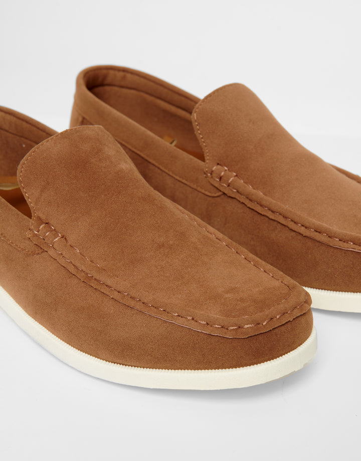 Tan Brown Faux Suede Slip On Loafers