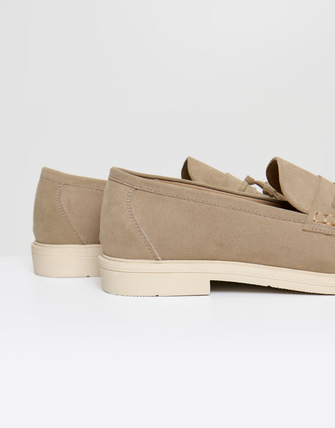 Threadbare Faux Suede Tassel Loafers in Beige - side view close up