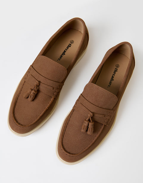 Threadbare Faux Suede Tassel Loafers in Taupe - top view