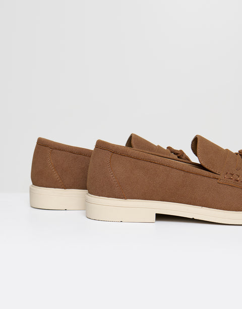 Threadbare Faux Suede Tassel Loafers in Taupe - side view close up