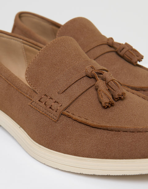 Threadbare Faux Suede Tassel Loafers in Taupe - close up
