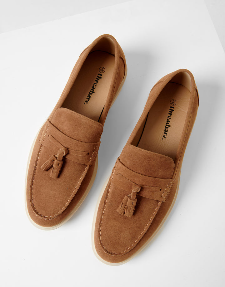 Tan Brown Faux Suede Tassel Loafers
