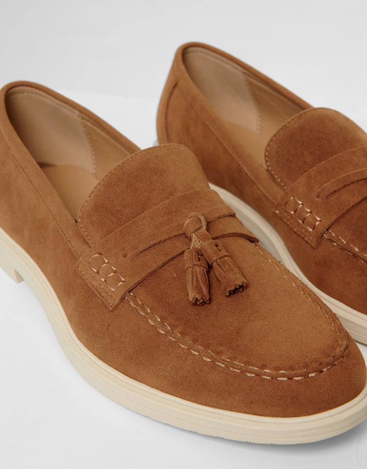 Tan Brown Faux Suede Tassel Loafers