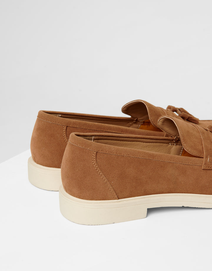 Tan Brown Faux Suede Tassel Loafers