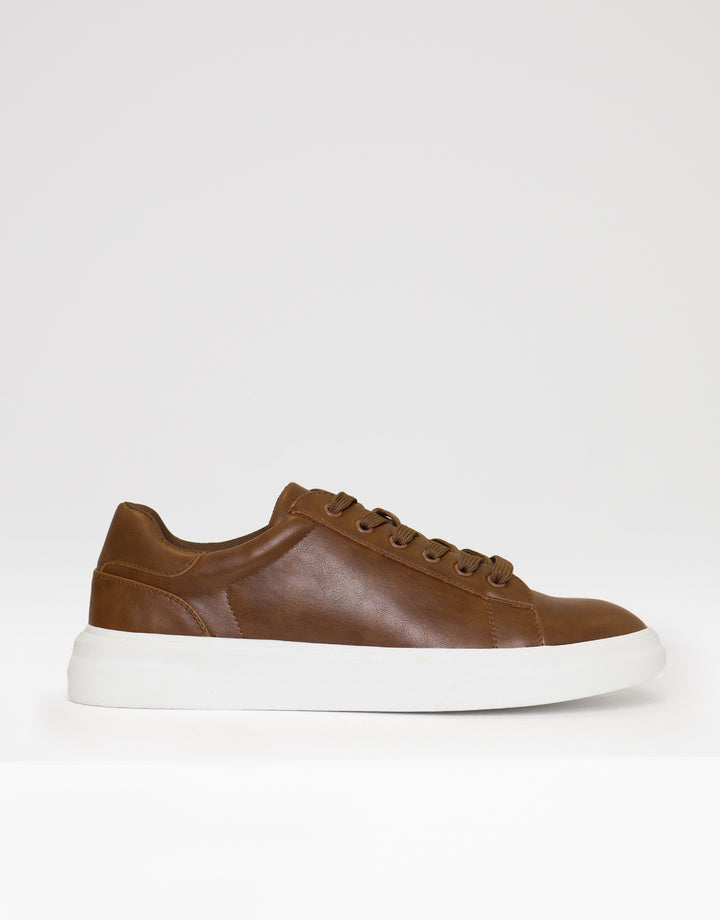 Faux Leather Court Trainers in Tan
