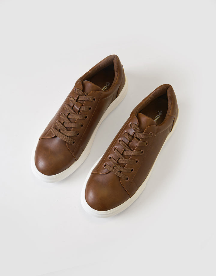 Faux Leather Court Trainers in Tan