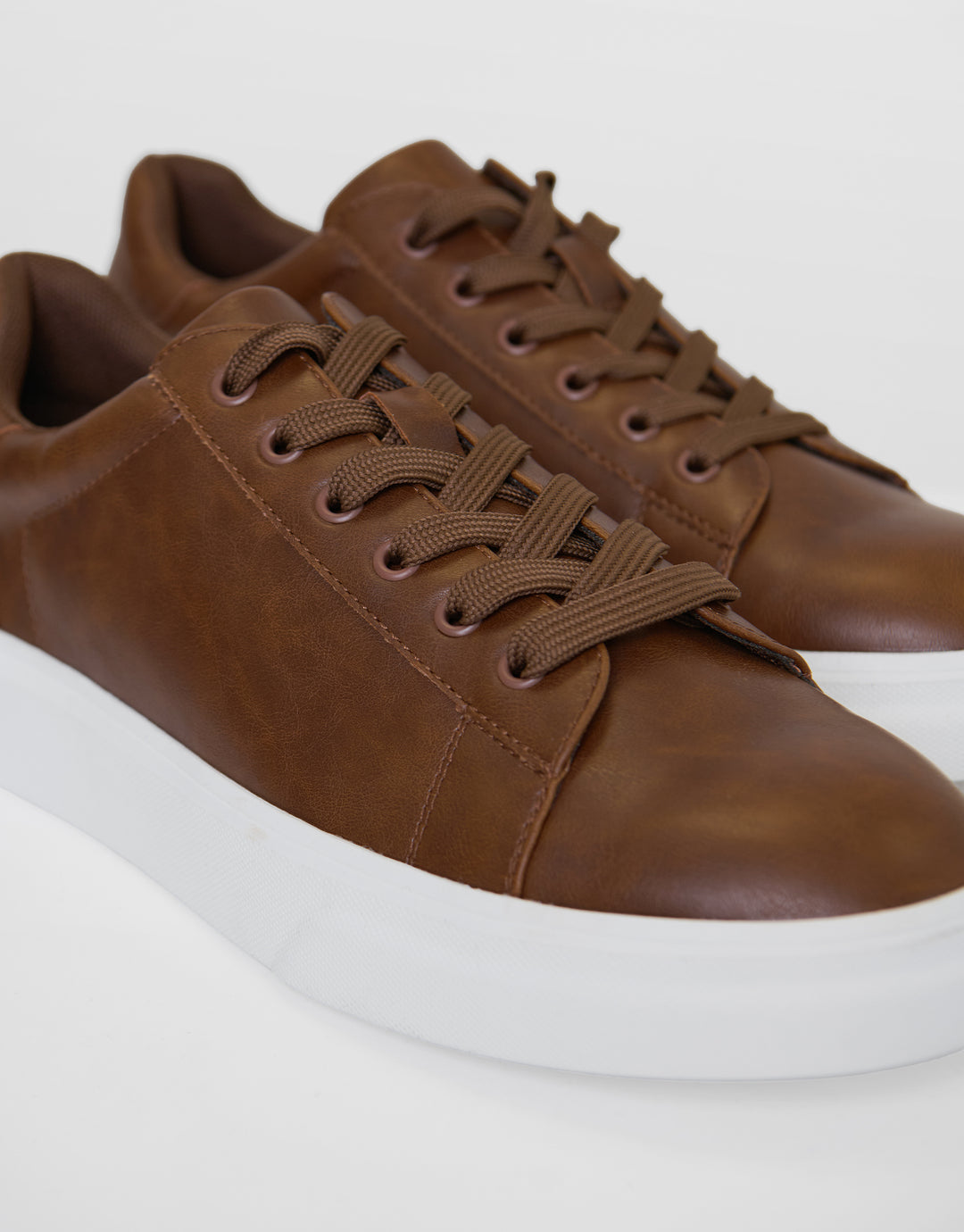 Faux Leather Court Trainers in Tan