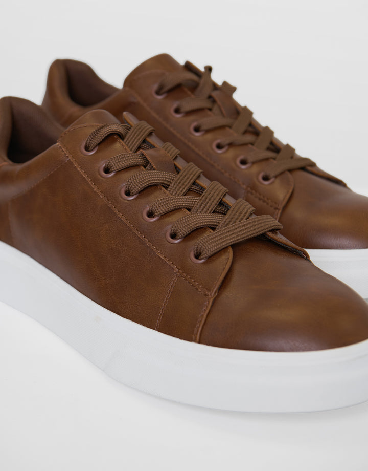 Faux Leather Court Trainers in Tan
