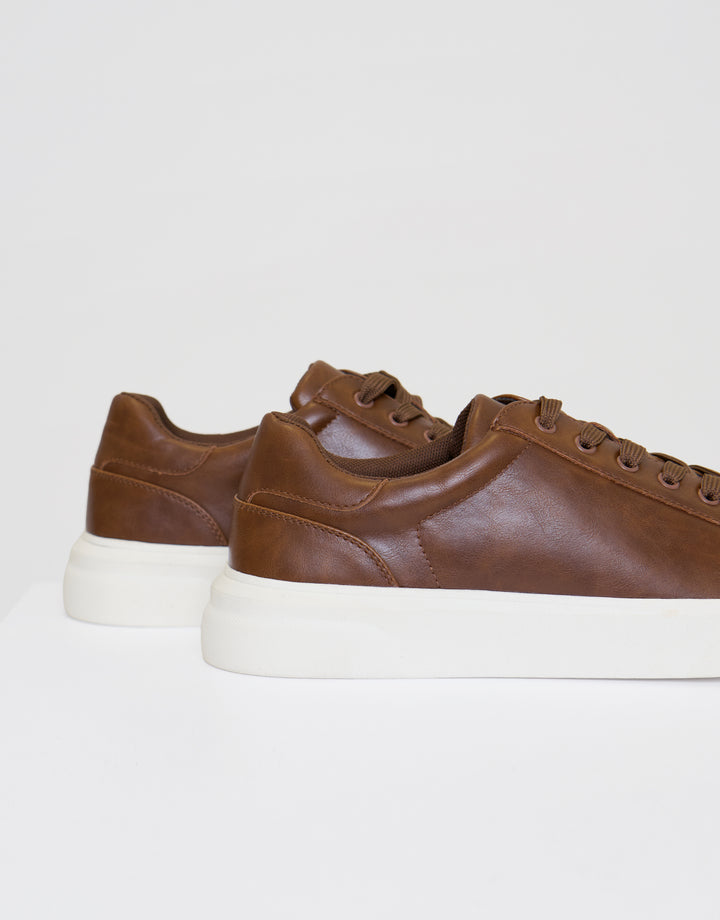 Faux Leather Court Trainers in Tan