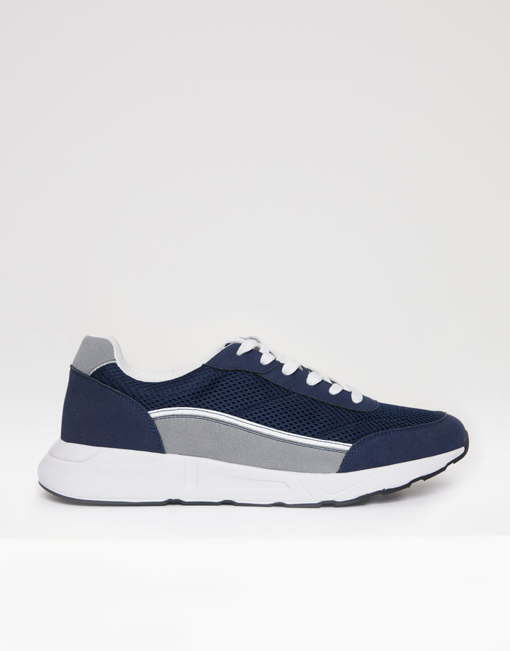 Navy Retro Mixed Material Trainers