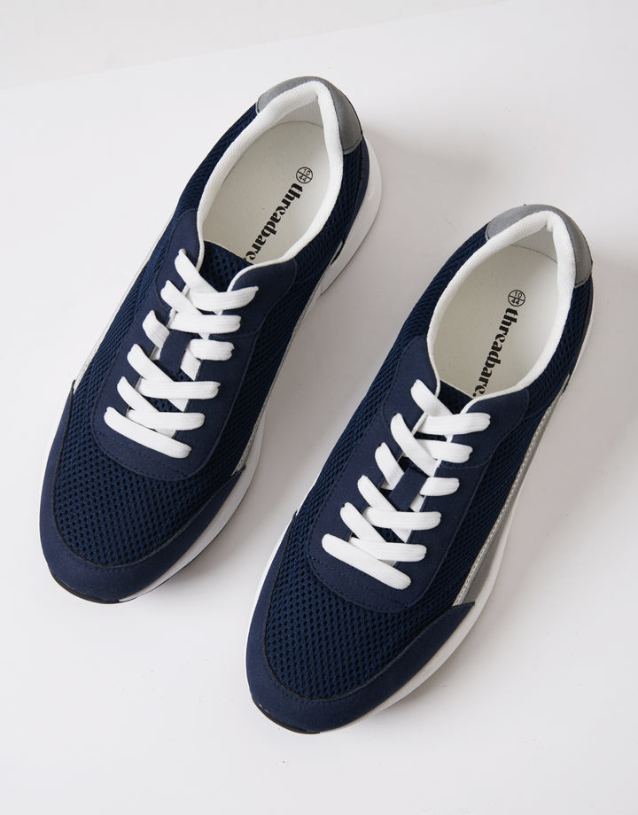 Navy Retro Mixed Material Trainers