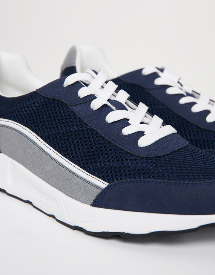 Navy Retro Mixed Material Trainers