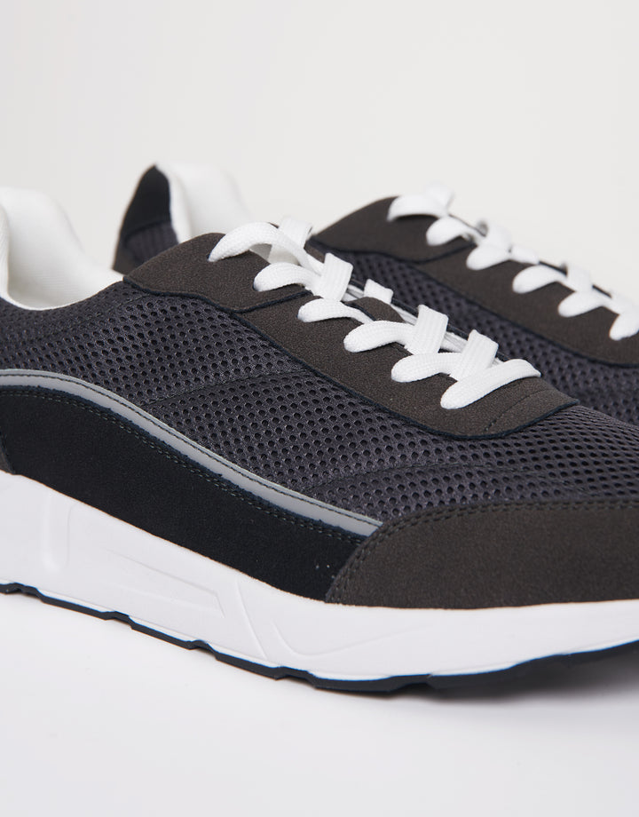 Grey Retro Mixed Material Trainers