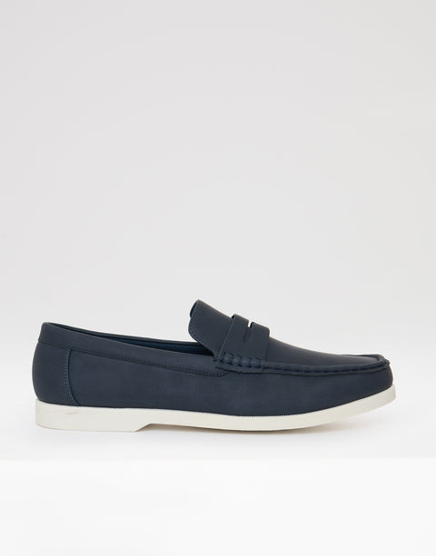 Threadbare Faux Suede Penny Loafers in Navy - side view
